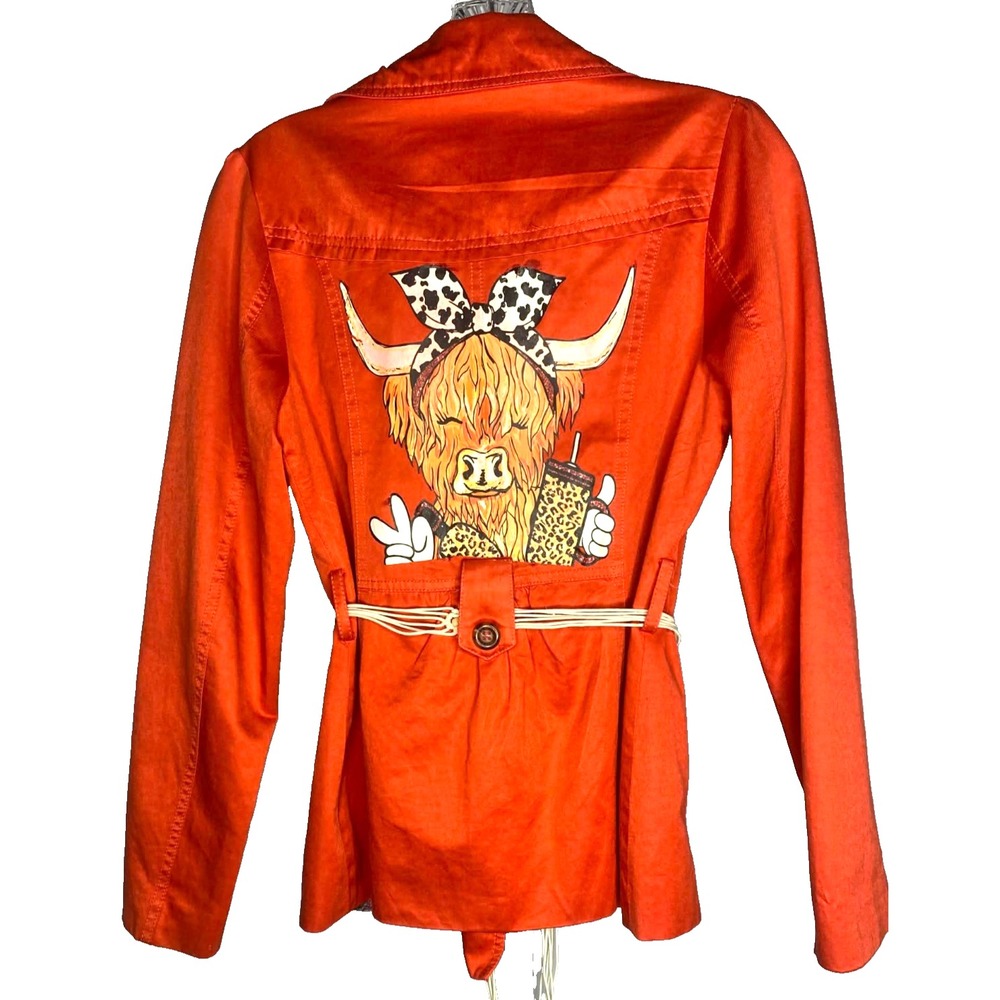Vintage Forever‎ upcycled Size S Print orange Trench Coat Long Sleeve w/Belt Cow